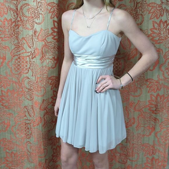 Speechless Junior's light gray Chiffon Pleated Bust spaghetti strap mini Dress - Picture 1 of 7